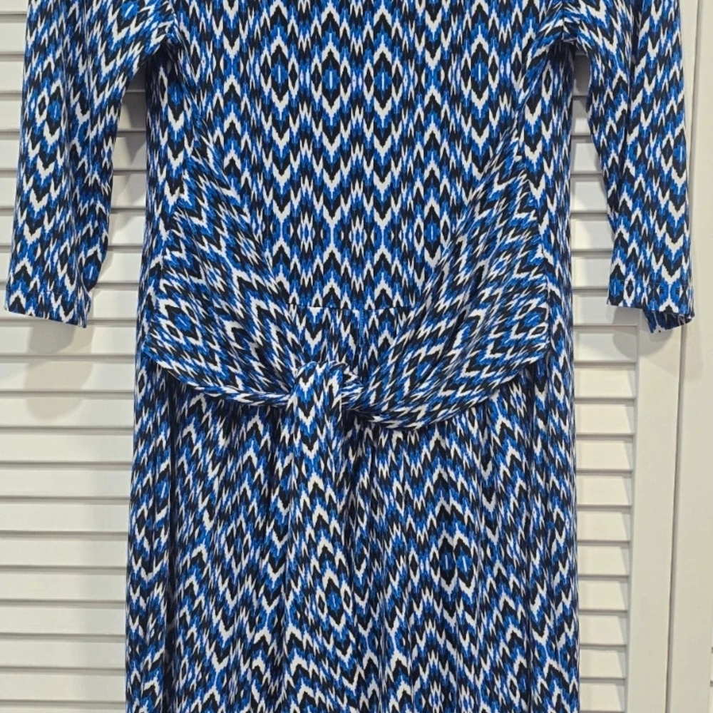 Jones New York Blue and White Printed Long Sleeve Tie-Waist Dress